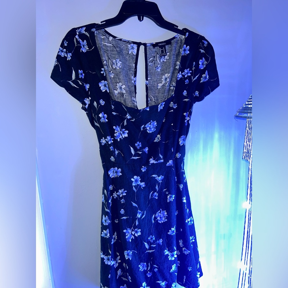 Black dress with blue flowers